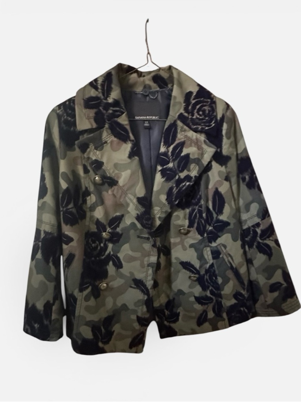 Banana Republic Olive Green Camo Blazer with Violet Floral Velvet Overlay